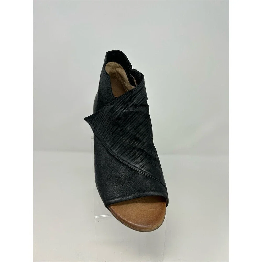 Miz Mooz Camp Ankle Booties Womens Black Peep Toe Side Zip Low Block Heel 40